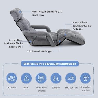Крісло-реклайнер COSTWAY, регульоване у 5 положеннях, складне, з підлокітниками та спинкою, шезлонг для ігор, сну та читання (світло-сірий)