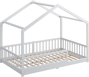 Дитяче ліжко CADANI Malte 120x200 см Ліжко-будиночок зі знімними захисними поручнями, вантажопідйомність до 200 кг, висувна рейкова основа, ліжко Монтессорі з масиву сосни, білий колір 120x200 см