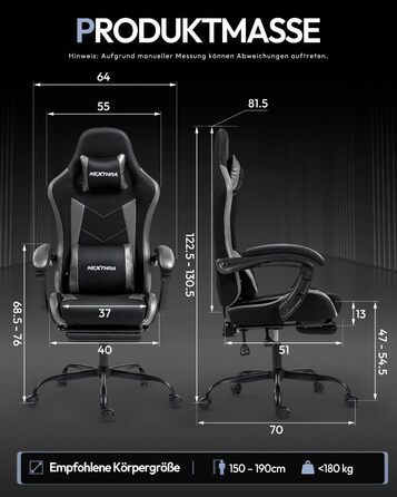Ігрове крісло Nexthra, офісне крісло, ігрове крісло з регульованими по висоті підлокітниками, ергономічне ігрове крісло з підставкою для ніг, м&39яке ігрове крісло, кут нахилу 150, до 180 кг, чорне, регульоване
