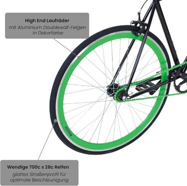 Велосипед Galano Blade Fixie для чоловіків та жінок, зріст 165-195 см, ретро-велосипед з однією швидкістю, 28-дюймові колеса, різні розміри, міські велосипеди з фліп-флоп втулкою, шосейний велосипед, міський велосипед, чорний/зелений, рама 53 см