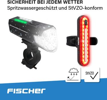 Комплект освітлення для велосипеда Fischer 80/40/20 люкс, комплект ліхтарів на батарейках, стоп-сигнал, передній та задній ліхтарі, з батарейками та функцією заряджання через USB, 3 функції освітлення, захист від бризок згідно з IP44, схвалено StVZO
