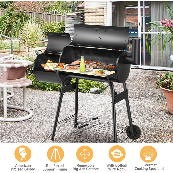 Гриль-коптильня вугільний KOMFOTTEU з димарем, 2-в-1, з термометром та колесами. Сталевий гриль-коптильник з бічним столиком та нижньою полицею, мобільний гриль-візок для пікніків, BBQ, 115x65x108 см