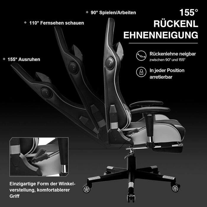 Ігрове крісло GTPLAYER з підставкою для ніг, динамік, музика через Bluetooth, офісне крісло, комп&39ютерне крісло, стілець для столу, ергономічне крісло, чорно-сіре