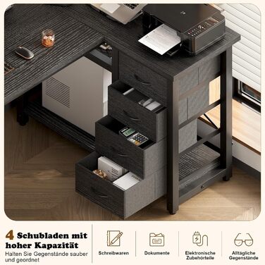 Г-подібний письмовий стіл Devoko з 4 тканинними шухлядами, двосторонній кутовий стіл з 2 розетками та 2 USB-портами, Г-подібний комп&39ютерний стіл для домашнього офісу, чорний, 140x80 см