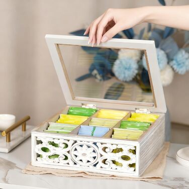 Вінтажна чайна коробка - Дерев&39яна коробка для зберігання чайних пакетиків - Коробка для чайних пакетиків з оглядовим віконцем - Чайний ящик з 9 відділеннями - Колір &quotшеббі-білий&quot