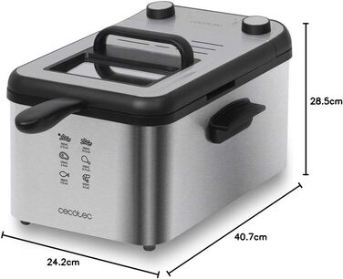 Електрична фритюрниця Cecotec CleanFry Infinity - ємність 1,5 л- 4 л, фільтр OilCleaner, температура до 190C, ванна підходить для посудомийних машин. (Повністю нержавіюча сталь, 3 літри) Повністю нержавіюча сталь 2400 Вт 3 л