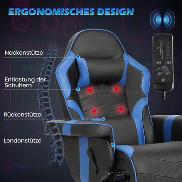 Геймерське крісло з функцією масажу, регульоване по висоті ігрове крісло з висувною підставкою для ніг та підсклянником, ергономічне офісне крісло з підголівником, поворотне гоночне геймерське крісло (синє)