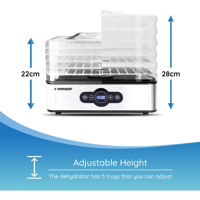 Дегідратор з нержавіючої сталі Wessper цифровий з таймером до 99 годин і регулятором температури від 35-70 за Цельсієм, 5 поверхів, без бісфенолу А, дегідратор дегідратор Дегідратор кутова сушарка для фруктів дегідратор з таймером