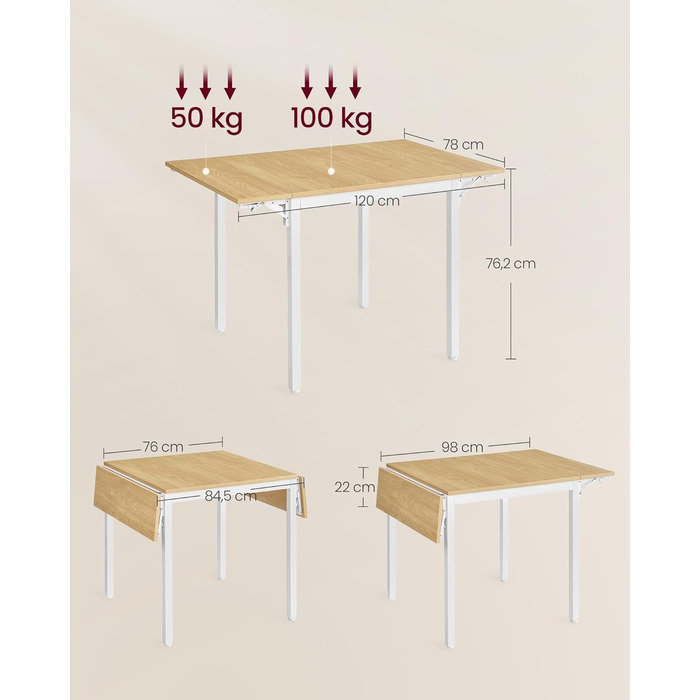 Обідній стіл VASAGLE, розкладний кухонний стіл для 2-4 осіб, для невеликих приміщень, натуральний дуб-хмарно-білий KDT077Y01 Натуральний дуб хмарно-білий Стільці не входять до комплекту