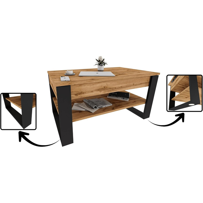 Журнальний столик з підйомною стільницею Стіл для вітальні з регульованою висотою та місцем для зберігання Сучасний чорний дубовий диванний столик Wotan з полицею та прихованим відділенням Журнальний столик для вітальні та офісу, чорний