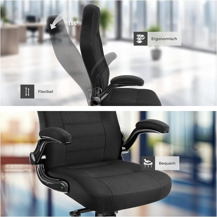 Офісний стілець tectake, стілець для роботи з відкидними підлокітниками та функцією гойдання, регульований по висоті обертовий стілець з колесами, крісло керівника з тканинною оббивкою, ергономічний офісний стілець, комп&39ютерний стілець - чорний 404736