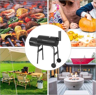 Вугільний гриль Laneetal з кришкою та візком на колесах, металевий садовий гриль з робочою поверхнею для кемпінгу та відпочинку на природі, чорний