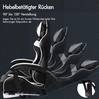 Ігрове масажне крісло ALFORDSON, нахил 150, ергономічне крісло для керівника, шкіра синтетична з підставкою для ніг, регулювання висоти, спортивне крісло, вантажопідйомність 180 кг, білий Vogler - серія White Vogler