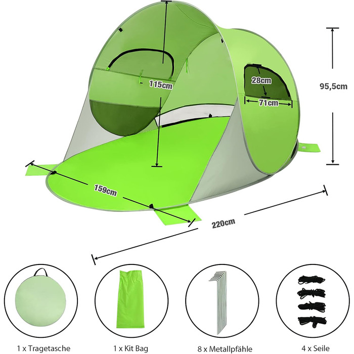 Пляжний намет GYMAX Pop-Up для 3-4 осіб, автоматичний пляжний намет із захистом від ультрафіолету 50, розкладний намет із дверима на блискавці та вентиляційним вікном, у комплекті сумка для перенесення, для кемпінгу на пляжі, зелений