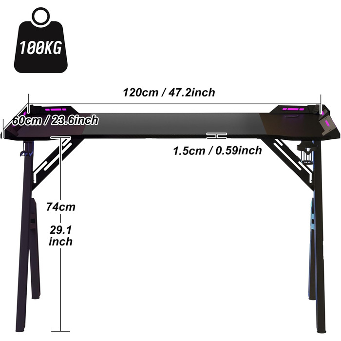 Ігровий стіл AufuN зі світлодіодним освітленням, комп&39ютерний стіл, ігровий стіл 120 x 60 см, міцний ПК-стіл з вуглецевим волокнистим покриттям, ергономічний ігровий стіл з гачком для навушників та підставкою для чашок, чорний 120x60 см