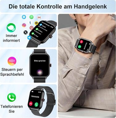 Розумний годинник для чоловіків та жінок, функція телефону, артеріальний тиск, пульс, сон, 1.96-дюймовий фітнес-годинник зі штучним інтелектом, понад 100 спортивних режимів, водонепроникність IP67, крокомір, будильник, калькулятор, візитна картка, iOS/And