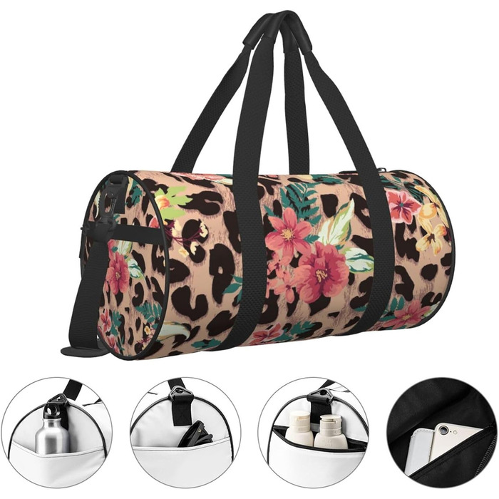 Спортивна сумка, дорожня сумка, вінтажний стиль, леопардовий принт, квітковий малюнок, сумка для подорожей на вихідні, чорний колір, універсальний розмір
