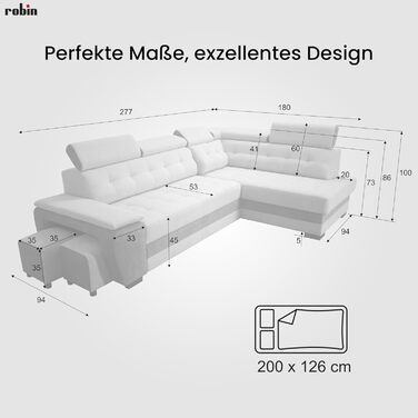 Кутовий диван Robin Inspire Grand з функцією сну, відділенням для зберігання речей, підголівниками, функцією відкидання спинки, 2 табурети, L-подібний диван, розкладний диван, окремостоячий кутовий диван, розкладний диван, меблі для вітальні, секційний ди