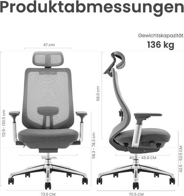 Ергономічне офісне крісло COLAMY XK Atlas, сітчасте крісло керівника з регульованим підголівником, комп&39ютерне крісло, поворотне крісло з 4D підлокітниками, алюмінієва основа/розсувне сидіння/фіксатор нахилу, темно-сірий колір