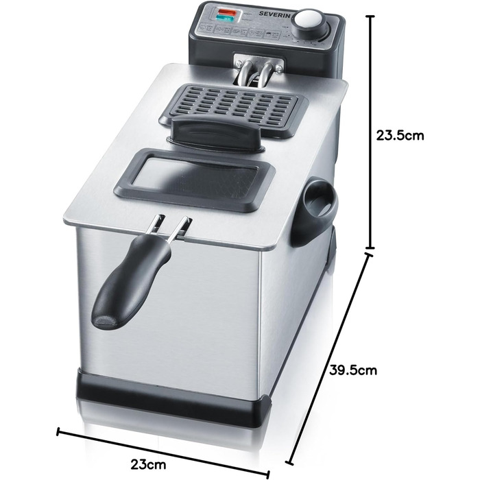 Фритюрниця SEVERIN, приблизно 400 г для смаження, знімний контейнер для жиру, пилозахисна кришка з оглядовим вікном, для приготування гарнірів і основних страв, 2000 Вт, 3 л, нержавіюча сталь/чорний, FR 2431