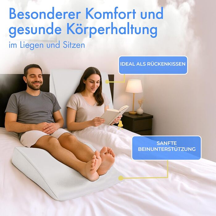 Клин-подушка Velara для ліжка, ширина 90 см Зроблено в Європі Інноваційна 2-шарова система Рефлюксна подушка для покращеного положення сну Клин-наматрацник Клин-наматрацник Подушка для читання з м&39яким чохлом, який можна прати, 90 x 60 x 15 см, білий