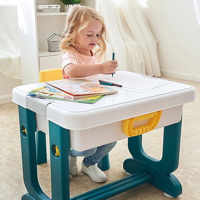 Дитячий настільний ігровий стіл AufuN 5-в-1 з регульованою висотою та стільцями, ігровий стіл, великий багатофункціональний набір будівельних блоків, пісочниця з місцем для зберігання, 2 стільці, подарунок для хлопчиків та дівчаток 63 x 47 x 56 см