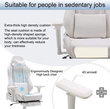Ігрове крісло, ергономічне офісне крісло з підставкою для ніг та поперековою опорою, крісла для відеоігор для дорослих, регульоване офісне крісло з поворотним на 360 сидінням та підголівником для домашнього використання, біле