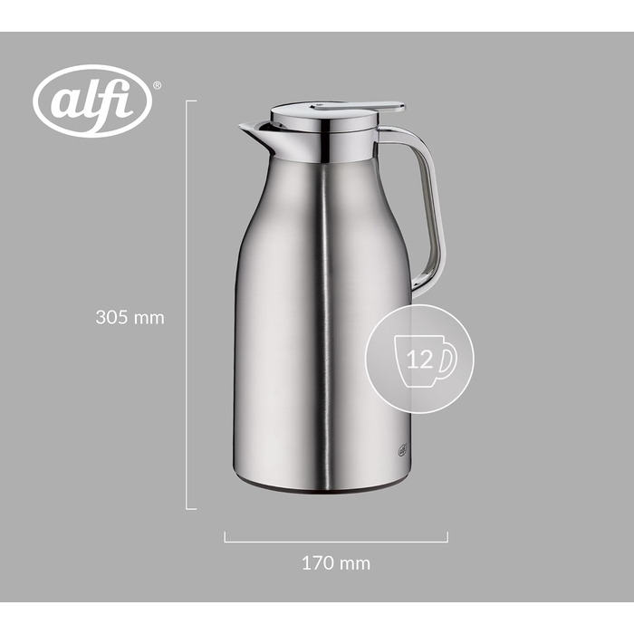 Термос alfi SKYLINE 1,5 л, матова нержавіюча сталь, з гігієнічним загартованим скляним вкладишем, кришка з поворотним замком та зручною кнопкою, ергономічна ручка, керування однією рукою, ідеально підходить як кавник
