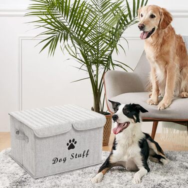 Великий лляний ящик Pethiy з кришкою для аксесуарів для собак - Складаний подвійний сітчастий кошик з ручками, для іграшок та одягу для собак - 43 x 31 x 26 см (Сірий у смужку)