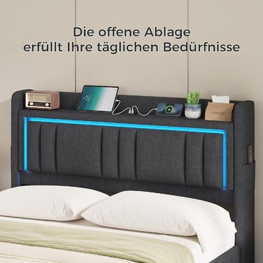 Ліжко зі світлодіодним освітленням, гідравлічне ліжко 140x200 см, м&39яке ліжко, узголів&39я з місцем для зберігання, зарядна станція, каркас ліжка з рейковою основою, візуальний ефект &quotплаваючий&quot, спальня, лляна тканина сірого кольору 140 x 200 С