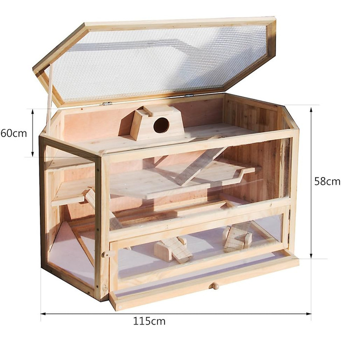 Клітка Wiltec XXL для гризунів, 3-ярусна, шестигранна, 1150 x 600 x 580 мм, дерев&39яна, з кришкою на петлях та оглядовим віконцем, будиночок для дрібних тварин, клітка для мишей, клітка для хом&39яків