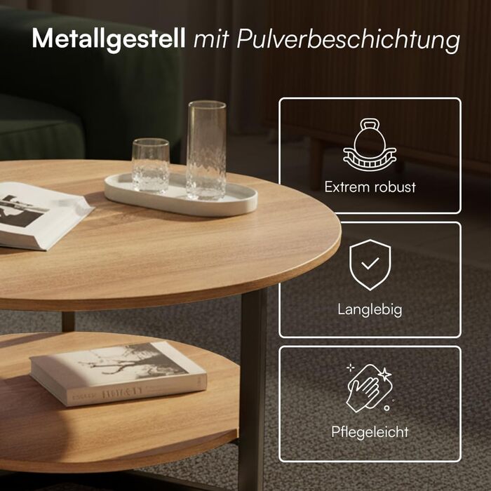 Круглий журнальний столик Skølm Drakkar Ø70 см стіл для вітальні з масиву дуба та металевого каркасу диванний столик з 2 полицями невеликий промаслений бічний столик дерев&39яний стіл для вітальні з місцем для зберігання журнальний столик