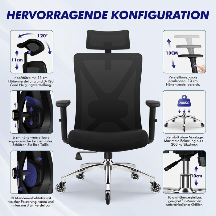 Офісне крісло Daccormax, ергономічне робоче крісло з регульованими підлокітниками, м&39яка поперекова опора та підголівник з натуральної губки, поворотне крісло для керівника з функцією гойдання, вантажопідйомність 200 кг, чорний колір, металева основа та