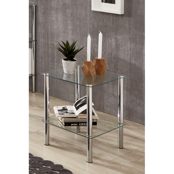 Журнальний столик HAKU Хром, Метал, Безпечне скло - Розміри Ш 39 x В 47 x Г 39 см, Стиль Сучасний Ш 39 x В 47 x Г 39 см Хром
