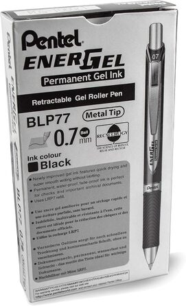 Ручка Pentel LRP7-AX Refill для ручок EnerGel, 12 шт. , 0,7 мм, чорна & EnerGel Document BLP77-AX Гелева ручка, чорна, ширина лінії 0,7 мм, світлостійке чорнило - безпечно для документів за стандартом ISO 27668-2 чорний Пучок з гелевим роликовим м'ячем, ч