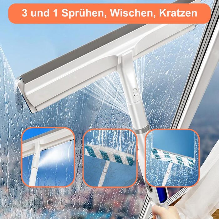 Засіб для миття вікон 3 в 1 з функцією розпилення та телескопічною ручкою, професійний двосторонній набір для миття вікон, склоочисник 29 см та ракель для вікон, склоочисник для душу (3 ганчірки для прибирання)