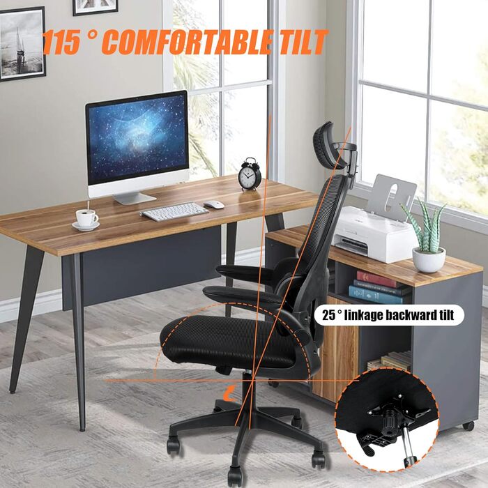 Ергономічне офісне крісло OHMG, офісне крісло з сітчастої тканини, поперекова опора та сидіння з регульованим кутом нахилу, підголівник, регульовані підлокітники, поворотні колеса на 360, вантажопідйомність 200 кг (чорне, 125 x 65,5 x 64 см) Чорний - 125 