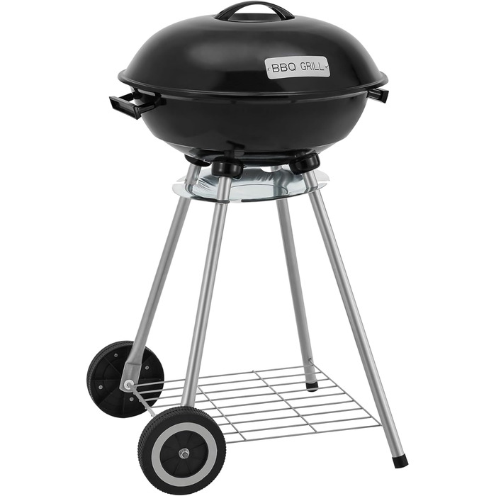 Гриль-барбекю Apricena на вугіллі, круглий, з візком, решітка з емальованої нержавіючої сталі, садовий гриль, 2 колеса, знімний кришка, 80 x 49 x 47 см, чорний