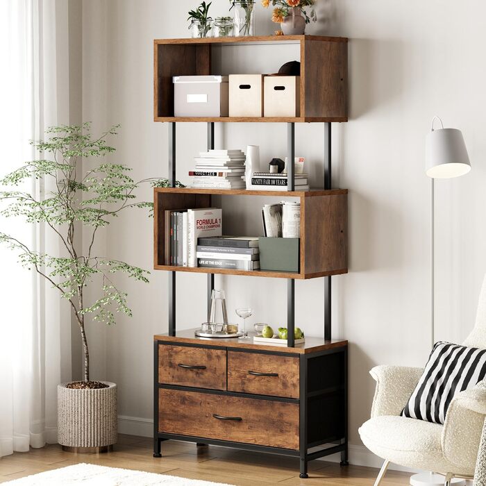 Ярусна книжкова полиця Coleshome, окремостояча полиця з 3 тканинними шухлядами, вузька полиця, підходить для спальні, офісу, вітальні, 60 x 24 x 155 см, вінтажні кольори, 5-