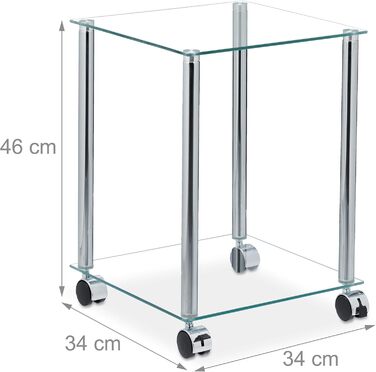 Журнальний столик Relaxdays з колесами, квадратний, скло та сталь, прозорий/сріблястий Мобільний журнальний столик, 2 полиці, вітальня