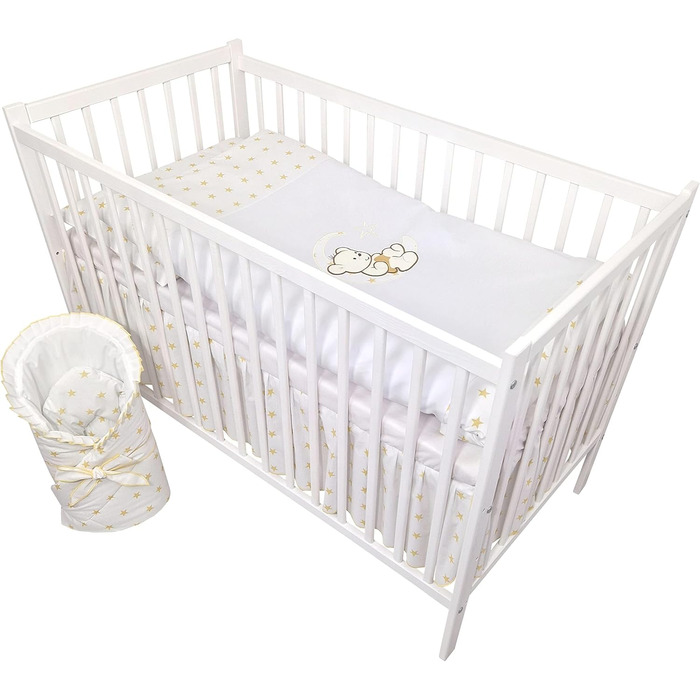 Предметний комплект дитячого ліжечка/колиски та постільної білизни Happy Leo, включаючи матрац з регульованою висотою для новонароджених, немовлят та малюків, з вишивкою (ведмедик, місяць, золоті зірки), 13-