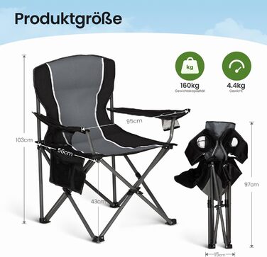 Комплект із 2 предметів Складане кемпінгове крісло, Складане крісло до 160 кг Кемпінгове крісло Складане крісло з підставками для чашок Складане крісло Кемпінгове рибальське крісло (сіре)