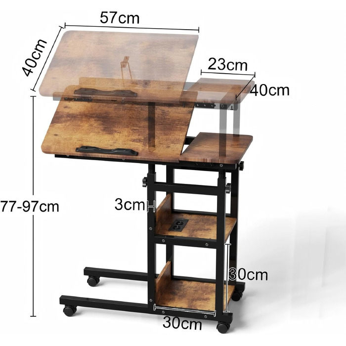 Журнальний столик на колесах, 80 см x 40 см, столик для ноутбука з розеткою та портом USB-C, регульована висота, дерев&39яний стіл, журнальний столик, тумбочка, спальня, вітальня, вінтажний вигляд дерева, колір вінтажного дерева