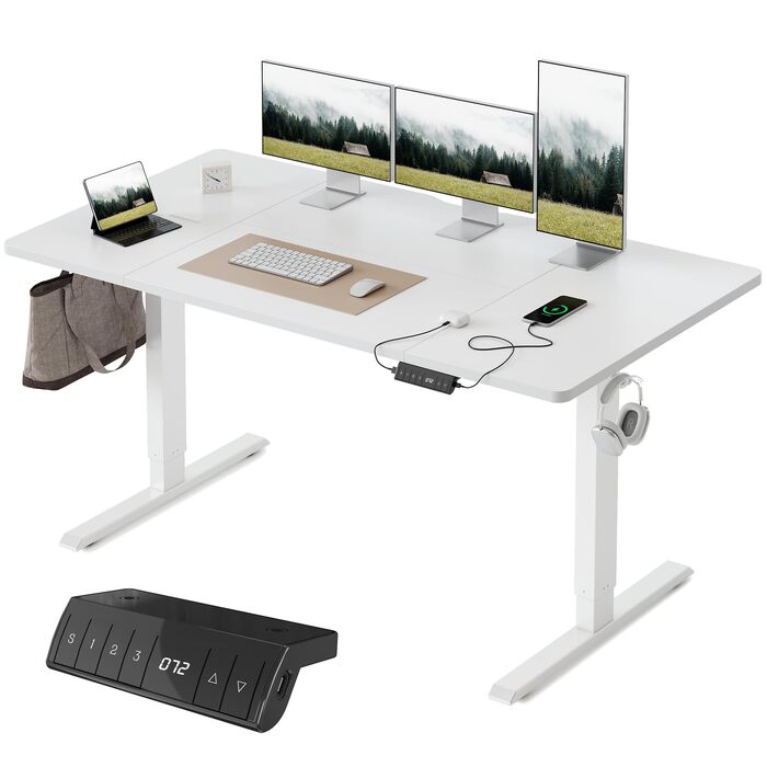 Стіл FEZIBO з регульованою висотою та портами зарядки USB-A та USB-C, 160 x 80 см, стіл з електричним регулюванням висоти, ергономічний стіл для домашнього офісу з можливістю сидіти та стояти, білий 160 x 80 см