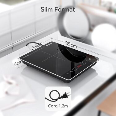 Індукційна плита, індукційна варильна поверхня COOKNANO 1 плита, індукційна плита 2000 Вт, 9 рівнів, варильна плита 28 см, індукційна плита з 8-годинним таймером, виявлення горщика, варильна поверхня 1 варильна поверхня, сенсорний дисплей