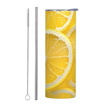 Кухоль з прямою трубочкою, 590 мл, скибочки лимона, принт, дорожній кухоль, підходить для кемпінгу, офісу та дому