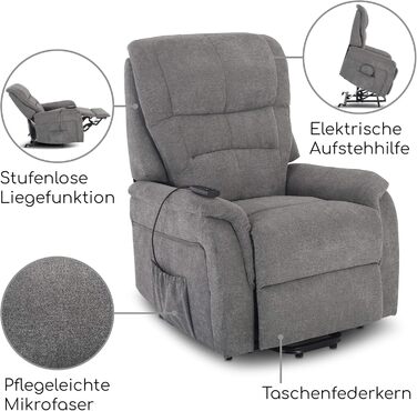 Крісло під телевізор Raburg з підйомником, електричне відкидне крісло з 1 двигуном та пультом дистанційного керування, безступінчасте регулювання, комфортна піна та пружинна основа з кишенькового блоку, мікрофібра, 120 кг Janik Сіра мікрофібра