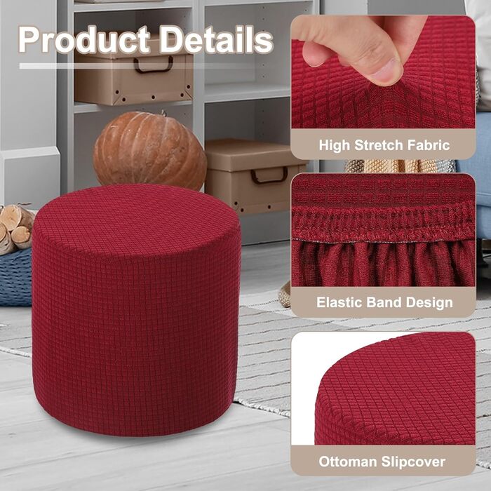 Чохол для пуфа, круглий, розтяжний, підходить для діаметрів 24,9 см - 32 см, нековзний чохол для пуфа для спальні, вітальні, бордовий