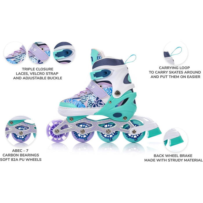 Дитячі роликові ковзани Meteor регульовані 4-в-1 Роликові ковзани, роликові ковзани, ковзани колеса ABEC-7 PU, алюмінієва рама розміри XS 25-28, S 30-33, M 34-37, M фіолетовий