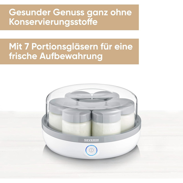 Йогуртниця SEVERIN, йогуртова машина з дисплеєм часу для приготування домашнього та веганського йогурту, містить 7 баночок для йогурту з кришкою зі скла, без BPA, JG 3518 Єдиний сучасний дизайн з кнопкою